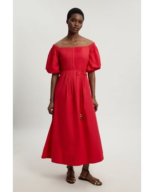 Bead Detail Cotton Poplin Bardot Midi Dress