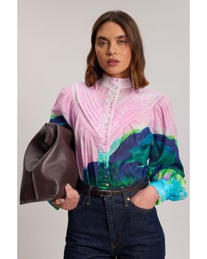 Silk Cotton Scenic Print Balloon Sleeve Woven Pintuck Blouse