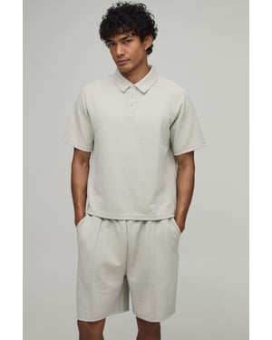 Boxy Wavy Jacquard Raglan Polo & Pleat Detail Shorts Set