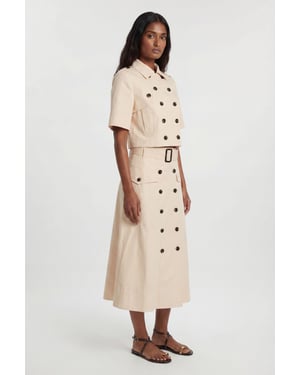 Tailored Cotton Trench Button Front Pleated Skirt