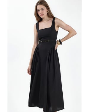 Square Collar Belted Midi Dress