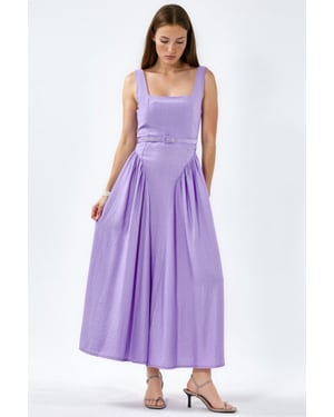 Square Collar Belted Midi Dress