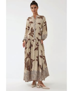 Gedrukte Lange Mouwen Viscose Maxi Jurk