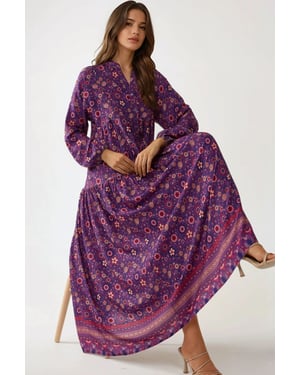 Geprinte V-hals Maxi-jurk met Knopen