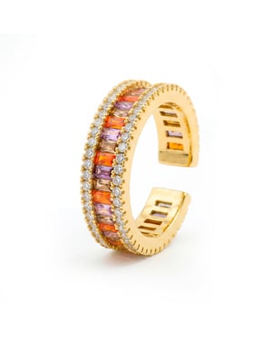 Fáinne Luxenter i gCóimhiotal Miotail agus Zirconia Multicolor críochnaithe in ór buí 18k - Baldlal
