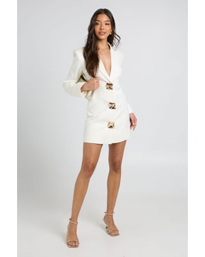Gold Button Fitted Tailored Blazer Dress