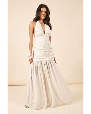 Chiffon Extreme Ruched Plunge Front Maxi Dress