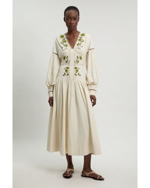 Rose Embroidered Cotton Twill Woven Long Sleeve Maxi Dress