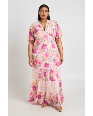 Plus Floral Chiffon Lace Trim Maxi Dress