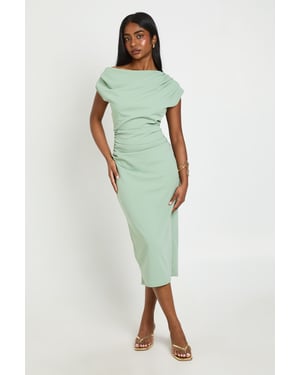 Crepe Asym Neck Drape Midi Dress
