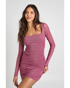 Square Neck Ruched Mesh Bodycon Dress