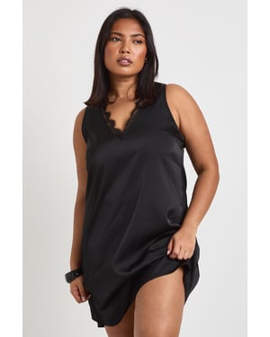 Plus Satin Plunge Front Lace Trim shift Dress
