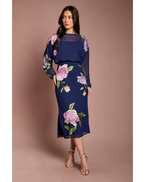 Embroidered Floral Blouson Bodice Pencil Midi Dress