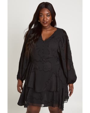 Plus Floral Burnout Volume Sleeve Ruffle Hem  Skater Dress