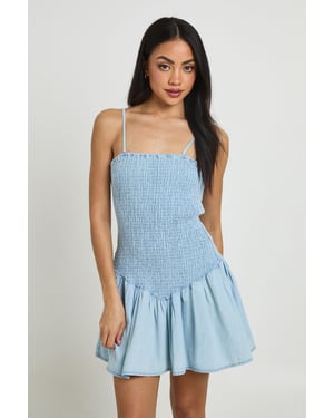 Chambray Shirred Skater Dress