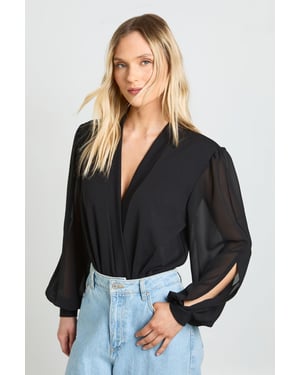 Petite Wrap Chiffon Sleeve Bodysuit