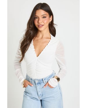 Mesh Ruched Neckline Long Sleeve Bodysuit