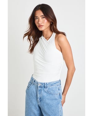 Ruched One Shoulder Mesh Panel Bodysuit