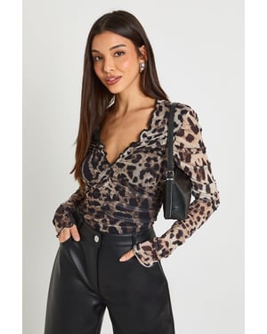 Animal Printed Mesh Ruched Neckline Long Sleeve Bodysuit