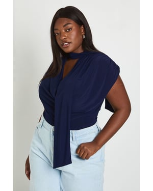 Plus Double Layer Slinky Scarf Detail Ruched Shoulder Bodysuit