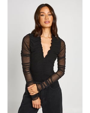 Tall Mesh Ruched Neckline Long Sleeve Bodysuit
