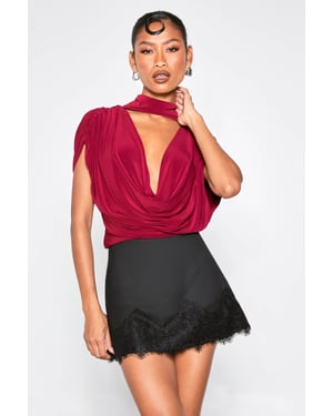 Double Layer Slinky Scarf Detail Ruched Shoulder Bodysuit