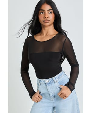 Mesh Panel Front Long Sleeve Bodysuit