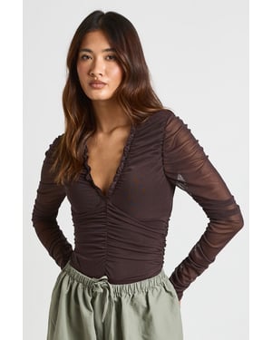 Mesh Ruched Neckline Long Sleeve Bodysuit