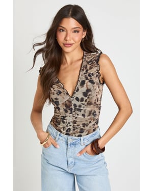 Animal Printed Mesh Ruched Neckline Bodysuit