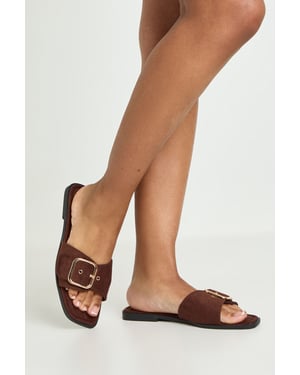 Faux Suede Oversized Buckle Detail Sliders