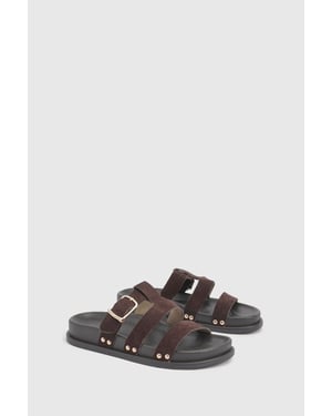 Faux Suede Double Strap Cut Out Footbed Sliders
