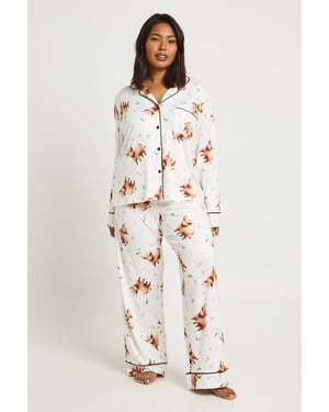 Plus Highland Cow Print Long Sleeve Shirt & Trouser Pyjama Set