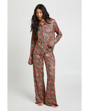 Tall Cherries & Leopard Print Long Sleeve Shirt & Trouser Pyjama Set