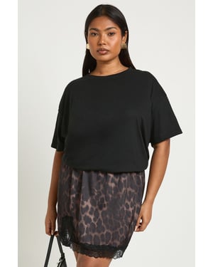 Plus Leopard Satin Lace Trim Mini Skirt