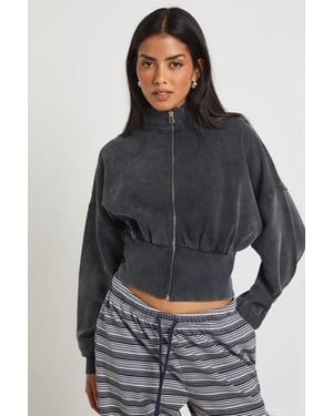 Washed Funnel Neck Cinched Waist Zip Through