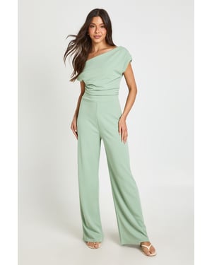 Jersey Crepe Drape Shoulder Wide Leg Jumpsuit