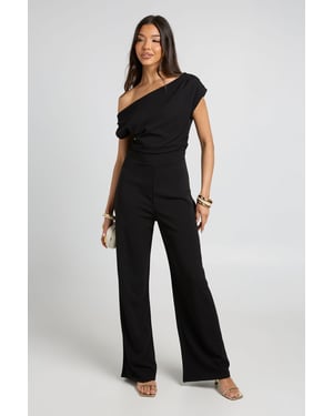Jersey Crepe Drape Shoulder Wide Leg Jumpsuit