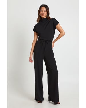 Crepe Grown On Neck Drawstring Waistband Wide Leg Jumpsuit