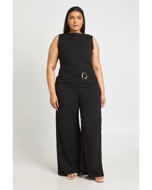 Plus Belted Gold Trim Detail Wide Leg Jumpsuit