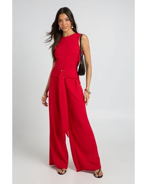 Belted Gold Trim Detail Wide Leg Jumpsuit