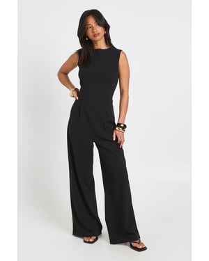 Petite Tailored High Neck Cinched Waist Wide Leg Jumpsuit