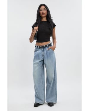 High Waist Supersoft Belted Pleated Wide Leg Jeans