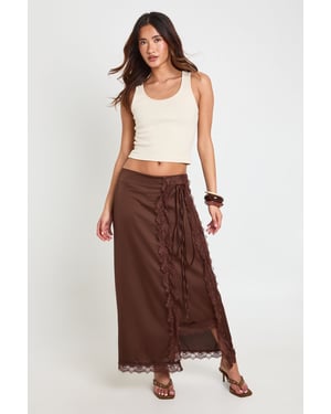 Satin Lace Trim Wrap Midaxi Skirt