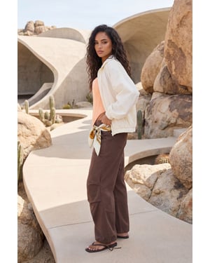 Seam Detail Drawstring Hem Twill Wide Leg Trousers