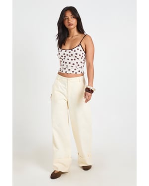 Petite Turn Up Hem Twill Wide Leg Trousers