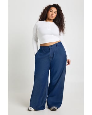 Plus Chambray Lapel Wide Leg Trouser
