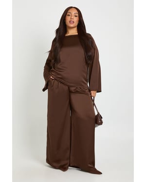 Plus Boat Neck Boxy Satin Top And Wide Leg Trousers