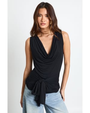 Cowl Neck Tie Waist Sleeveless Top