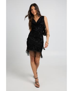 Devore Cowl Neck Fringe Asymmetric Hem