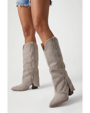 Faux Suede Zip Detail Fold Over Western Cowboy Boots